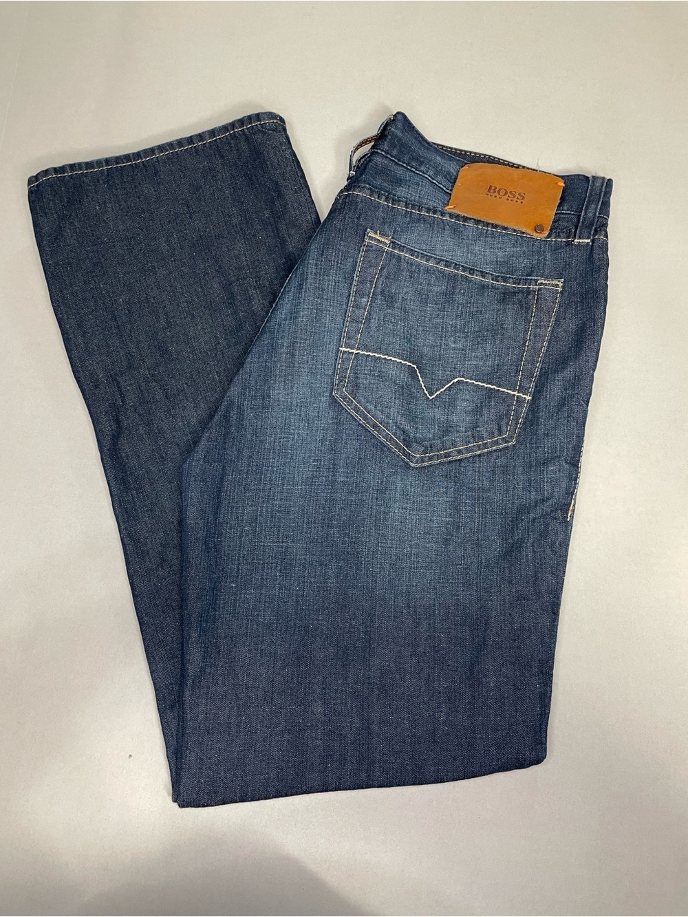 Hugo Boss Straight Leg Dark Blue Jeans with Leather Logo Patch Hugo Boss Orange